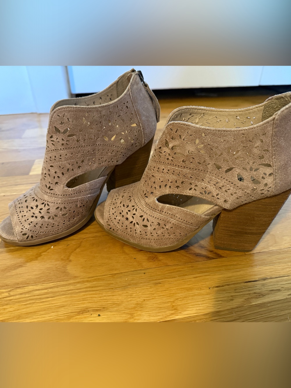 Not Rated Taupe Suede Laser-Cut Peep-Toe Block Heel Booties